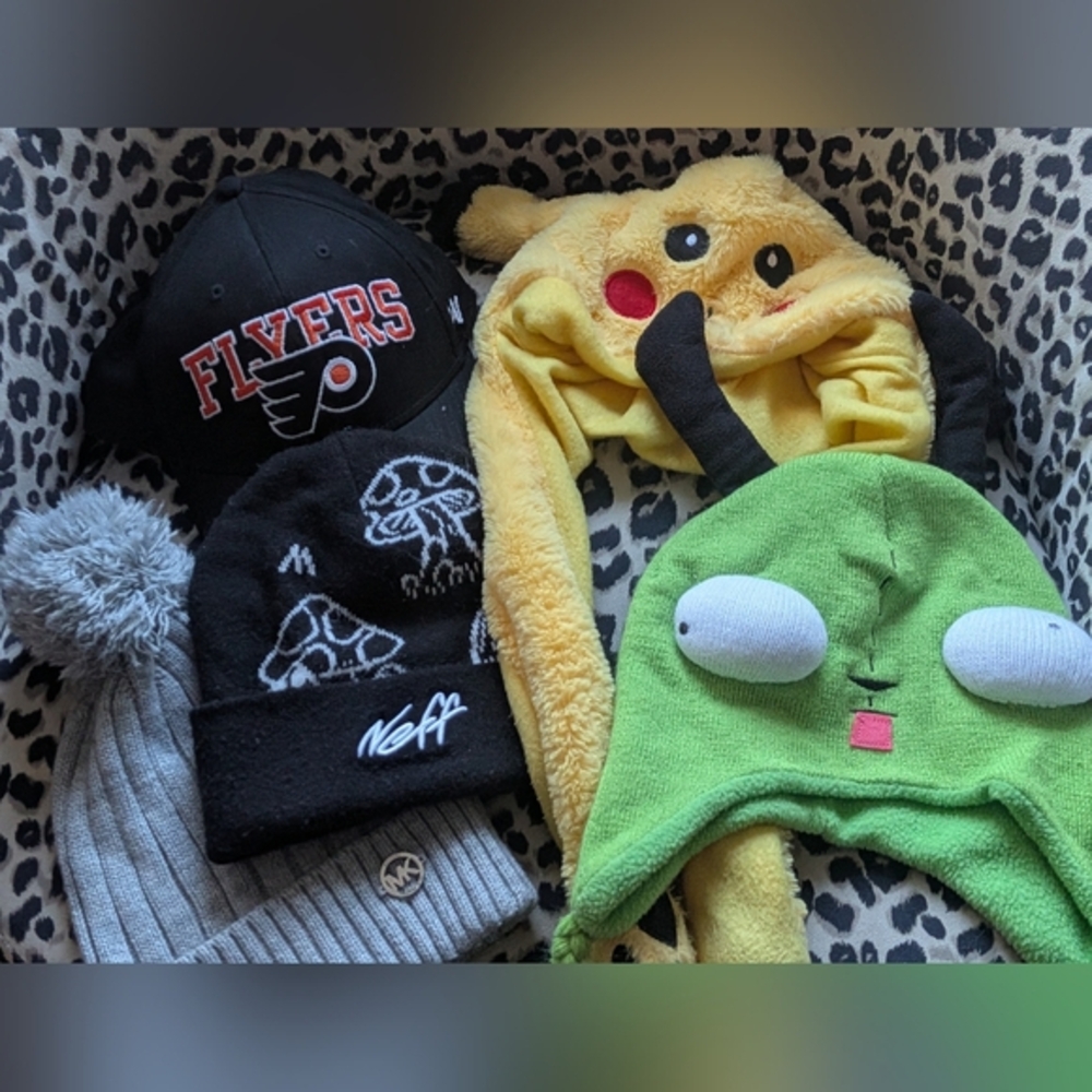 Neff Black Beanie with White Logo and Mushroom Pattern MK